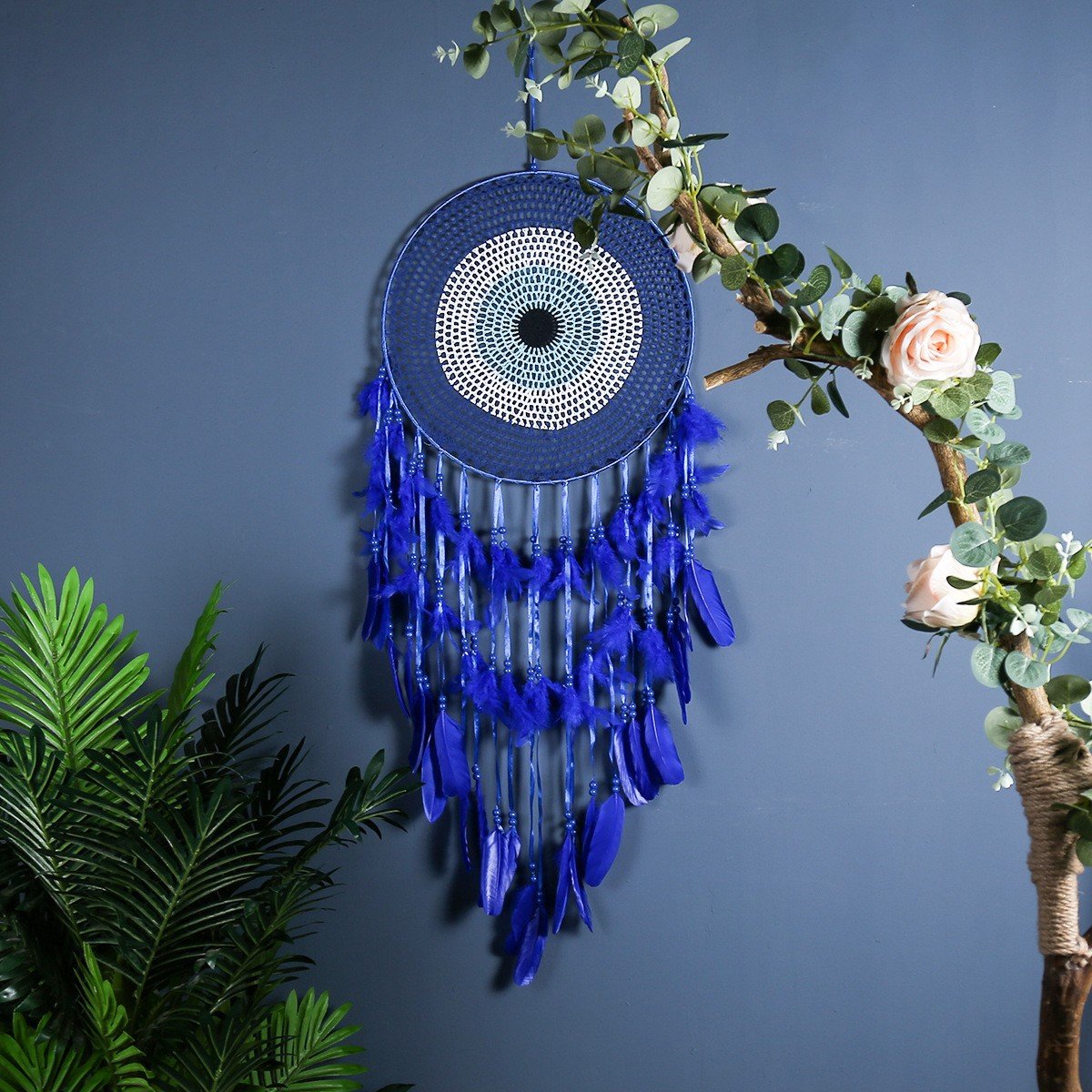 Sky Blue Gradient Mandala Crochet Dreamcatcher, All-Blue Soft Feather Bead Wall Hanging, Mediterranean Fresh Bedroom Ornament, Summer Still-Life Healing Girly Gift - Image 11