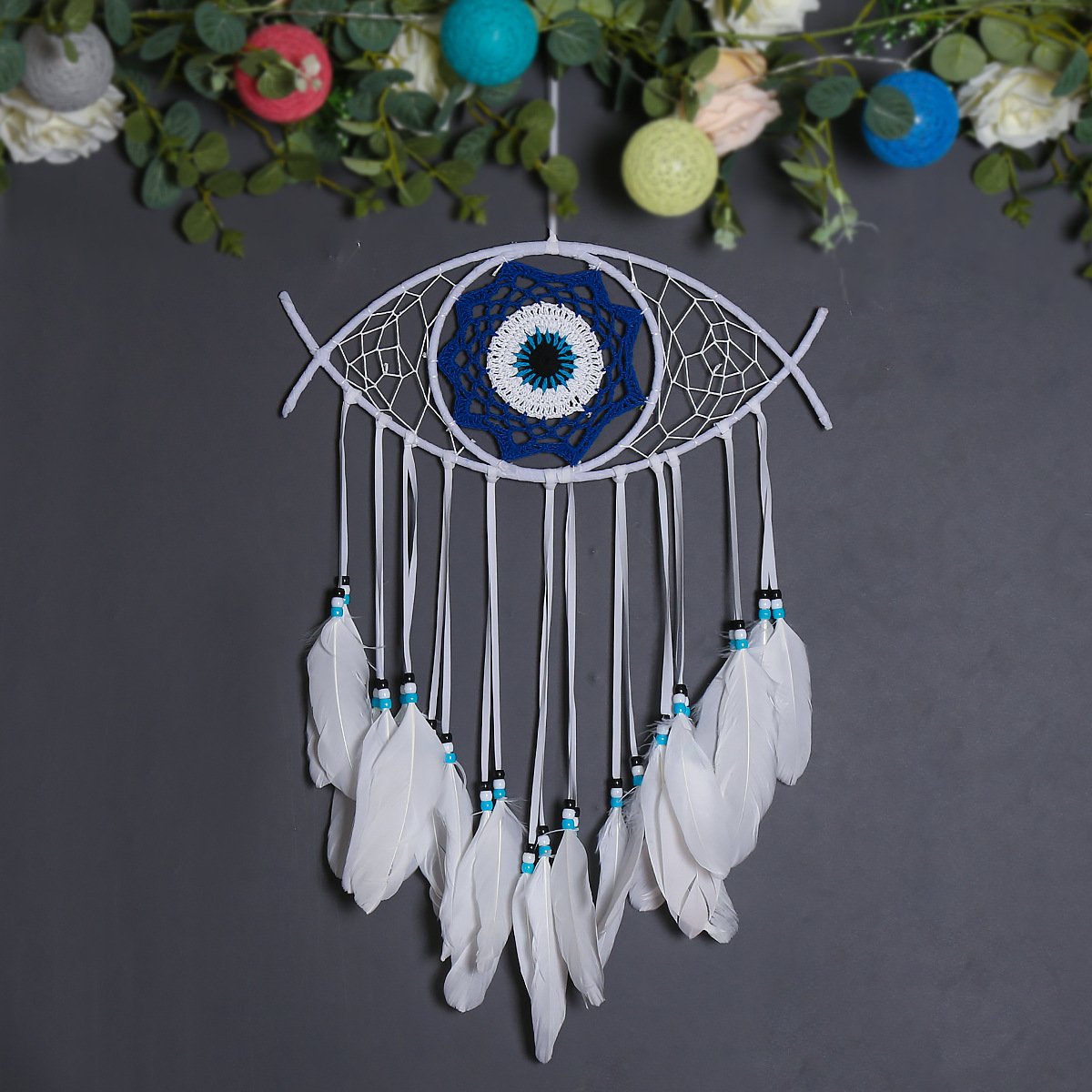 Evil Eye Blue-Black Contrast Dreamcatcher, Hand-Woven Feather Wall Hanging, Niche Alt Bedroom Ornament, Dark Cool Shooting Prop & Men’s Gift - Image 10