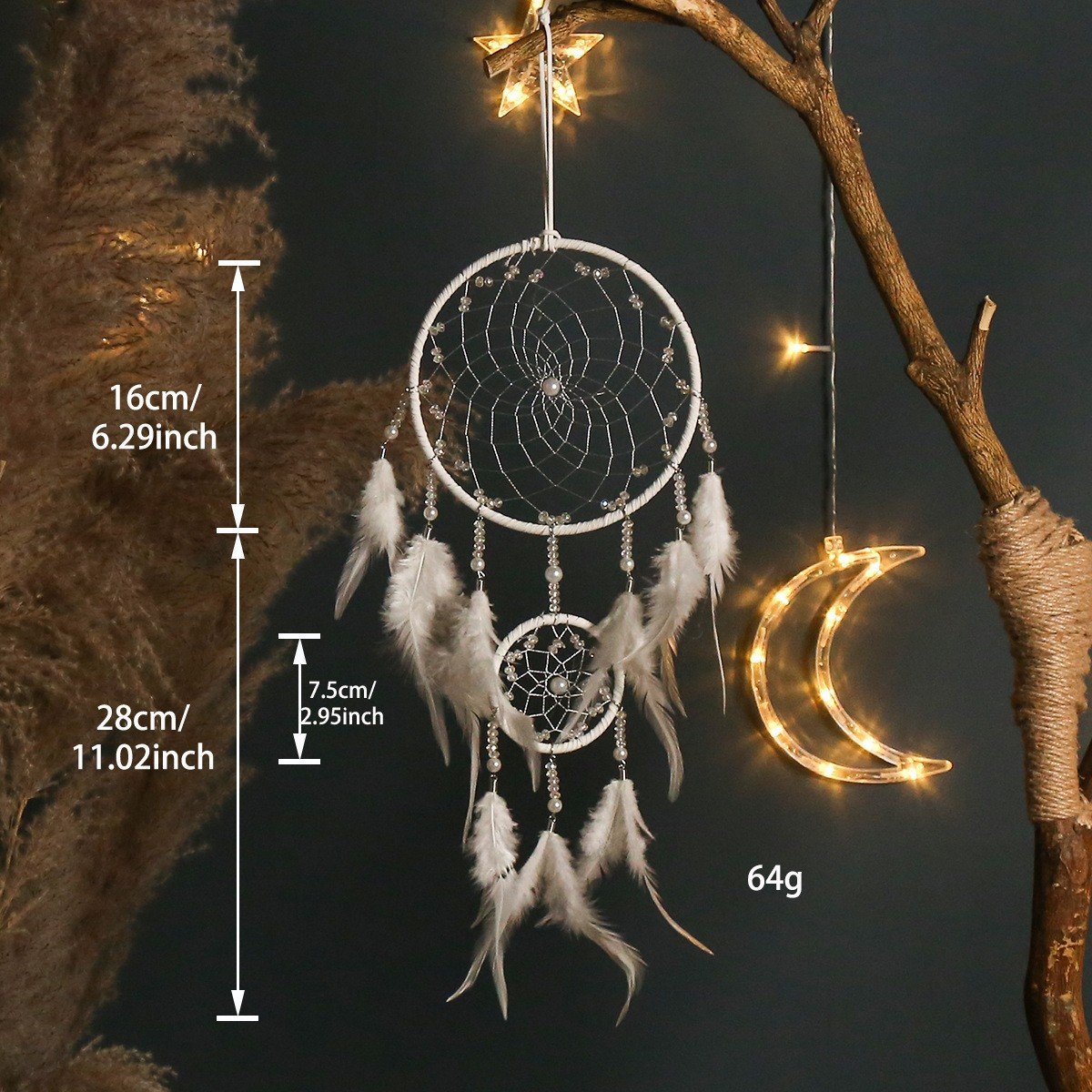 Silver Grey Double-Ring Minimalist Dreamcatcher, Matte Grey Feather & Bead Wall Hanging, Ins Cool Tone Bedroom Ornament, Still-Life Portrait Prop & Couple Gift - Image 9